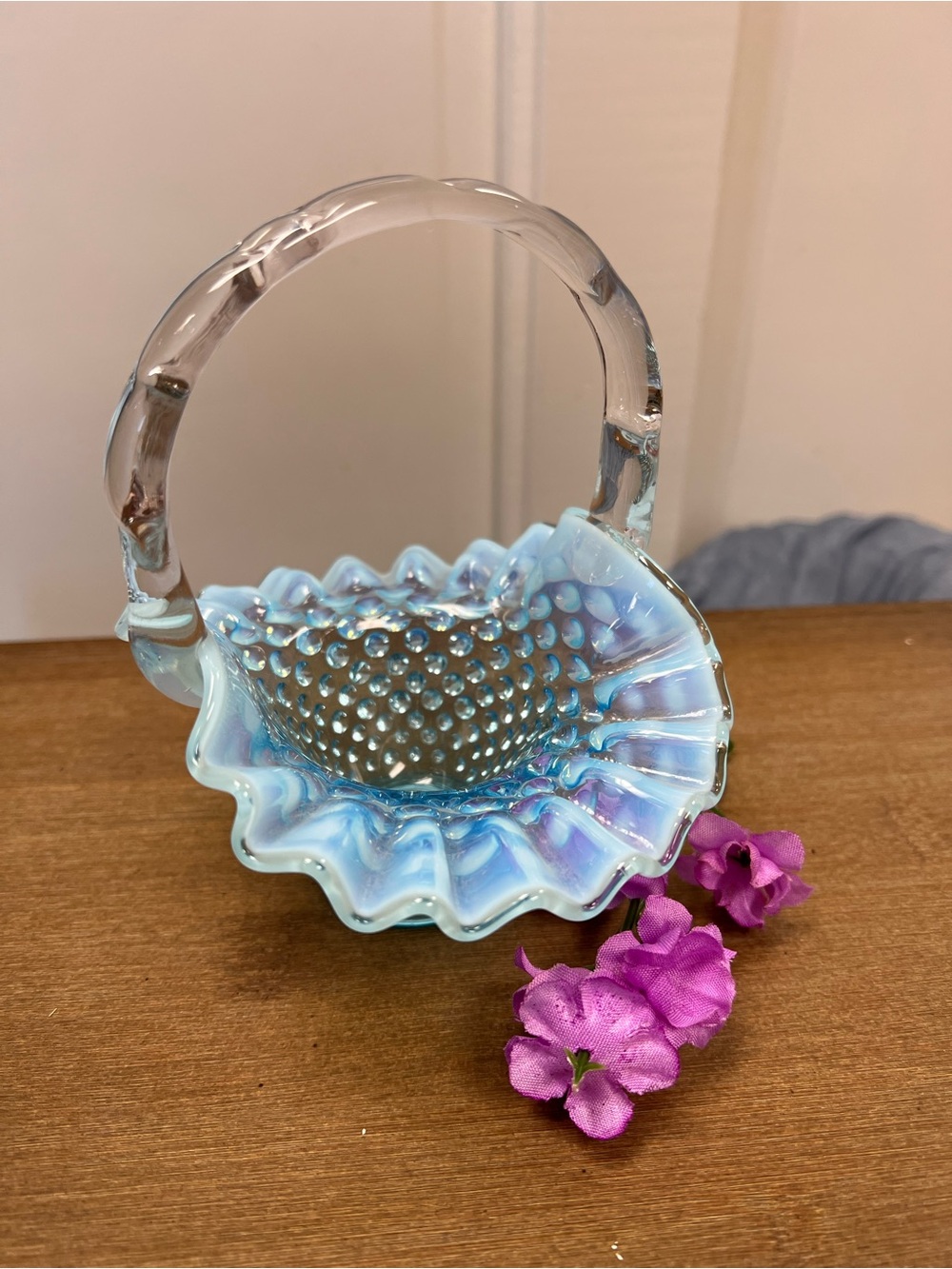 Hobnail Blue Opalescent Glass Basket